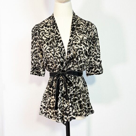 BCBG Max Azria | 100% Silk Blouse | Tie Waist Peplum | Black gray cream | Sz S - Picture 1 of 10